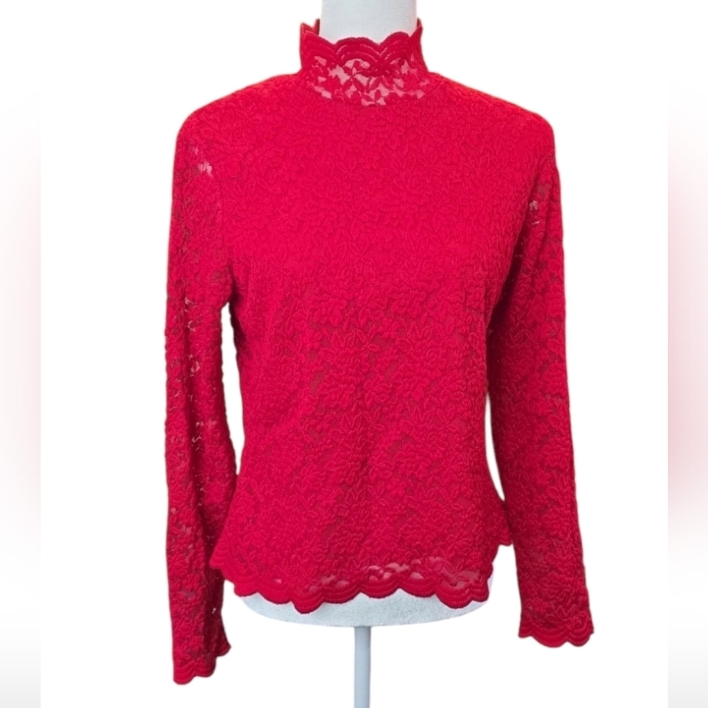 Vintage Coldwater Creek Red Lace Mock-Neck Top. Size Small